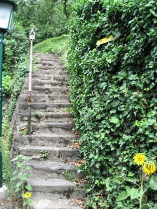 Escalier avec panneau du chemin de Saint-Jacques