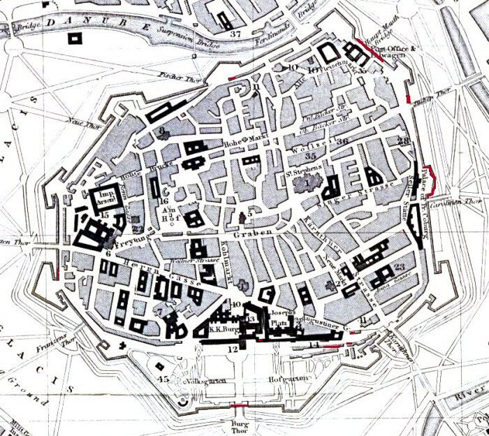 Stadtplan von Wien 1858 mit Stadtmauer