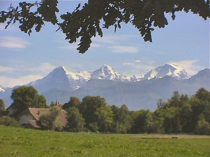 Vue près d'Amsoldingen de l'Eiger, du Mönch et de la Jungfrau