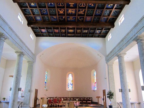 Church interior with wooden ceiling
