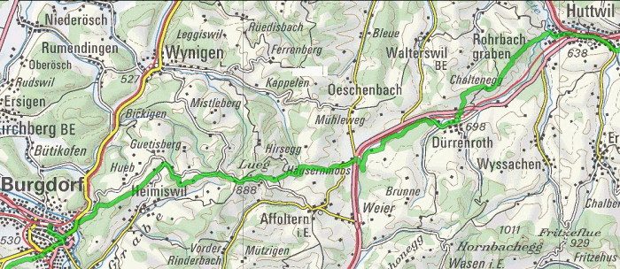 Carte du chemin de Saint-Jacques de Huttwil à Burgdorf
